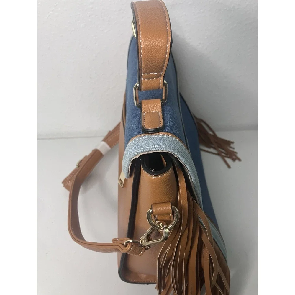 Brand New CATO Women's Denim Pocket Fringe Saddle Purse Bag